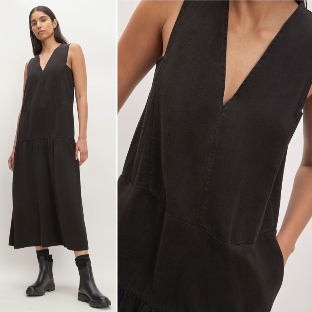 EVERLANE The Tencel V-Neck Dress Black Midi Sleeveless Tiered Soft Size XS NEW